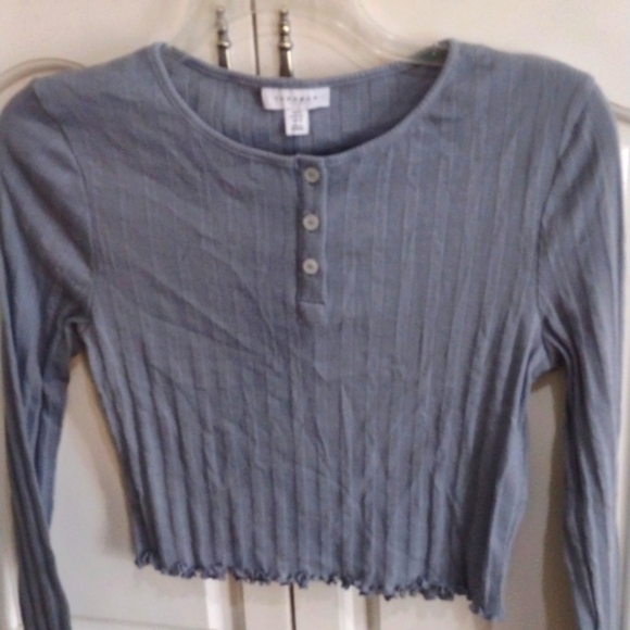 NWT TOP SHOP Blue Henley Long Sleeve Ribbed slight Crop Top Women's Size 10 - Picture 3 of 6